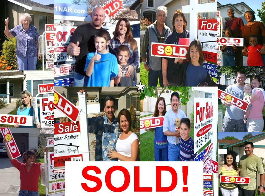 Collage image of some of our Sellers with a SOLD sign in her front yard.